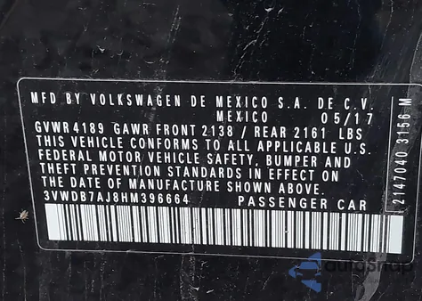 2017 Volkswagen Jetta 1.4T Se z USA, uszkodzony, nr VIN 3VWDB7AJ8HM396664